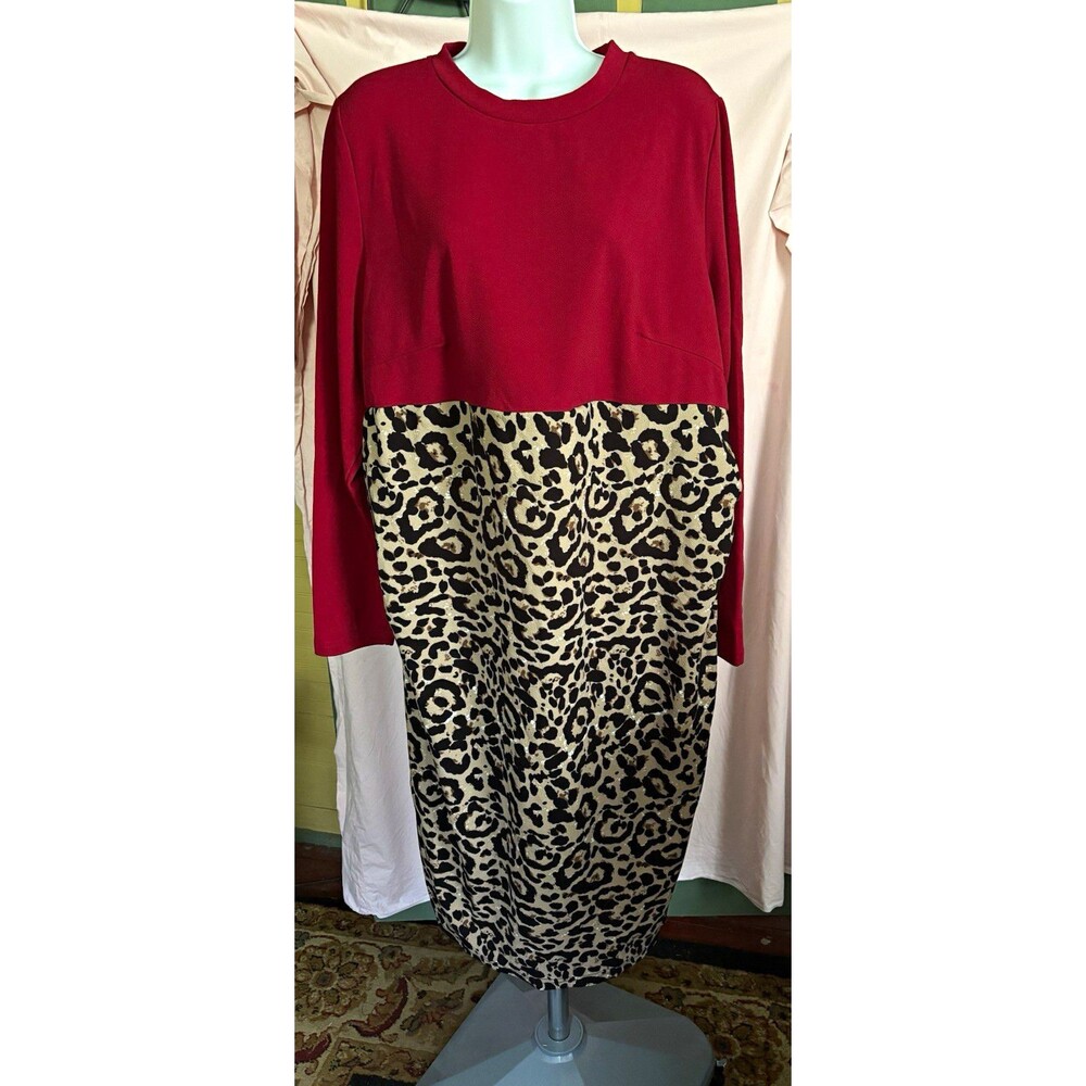 SHEIN Curve 2XL Red Leopard Print Colorblock Long Sleeve Midi Dress 44” Bust
